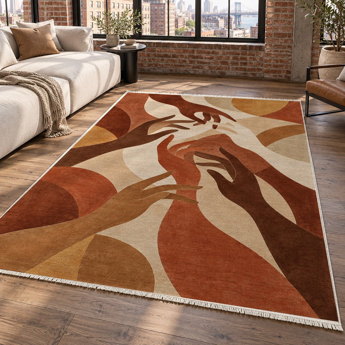 Hands In Harmony Terracotta Abstract Washable Rug — new york living