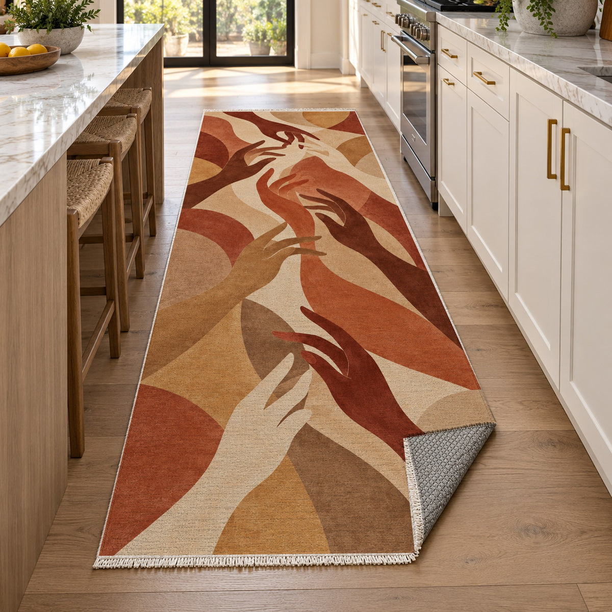 Hands In Harmony Terracotta Abstract Washable Rug — new york kitchen runner