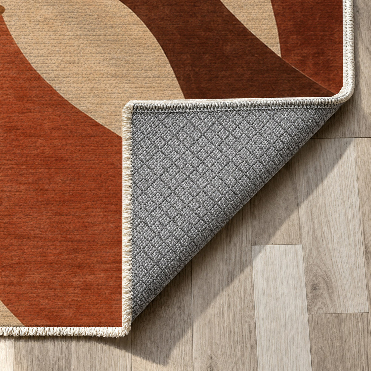 Hands In Harmony Terracotta Abstract Washable Rug — backing close up