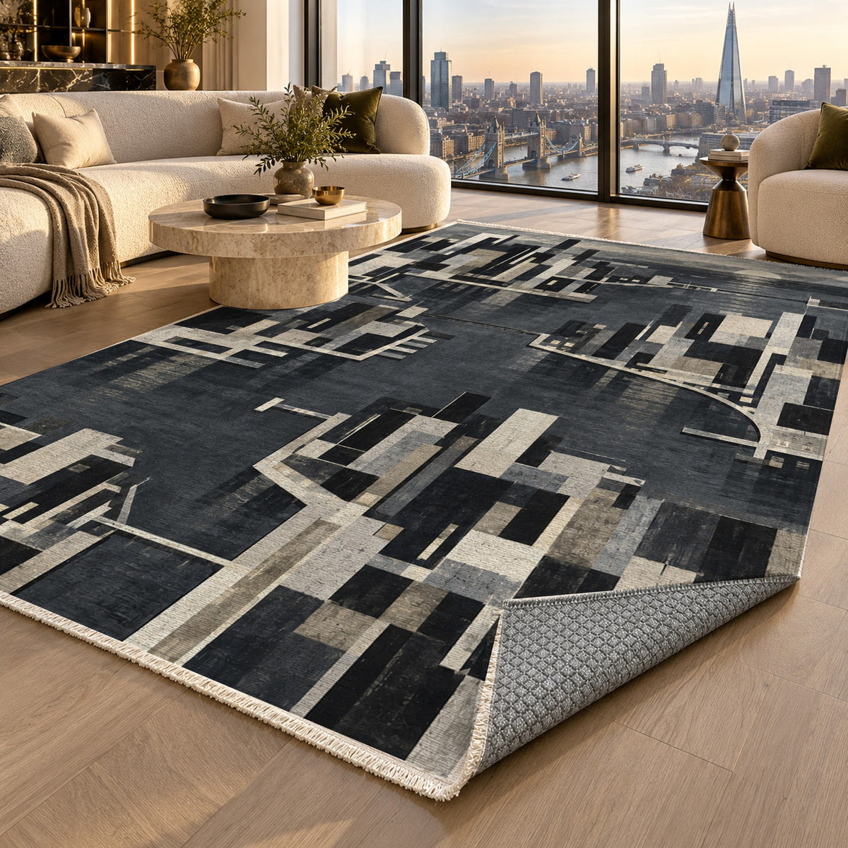 Harbour Blocks Charcoal Modern Washable Rug — london luxury living