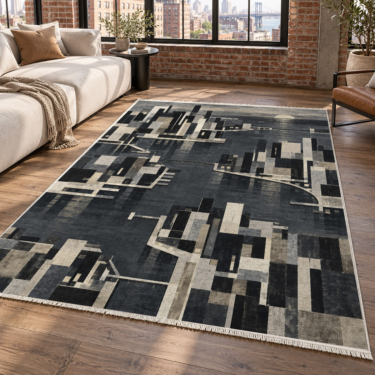 Harbour Blocks Charcoal Modern Washable Rug — new york living