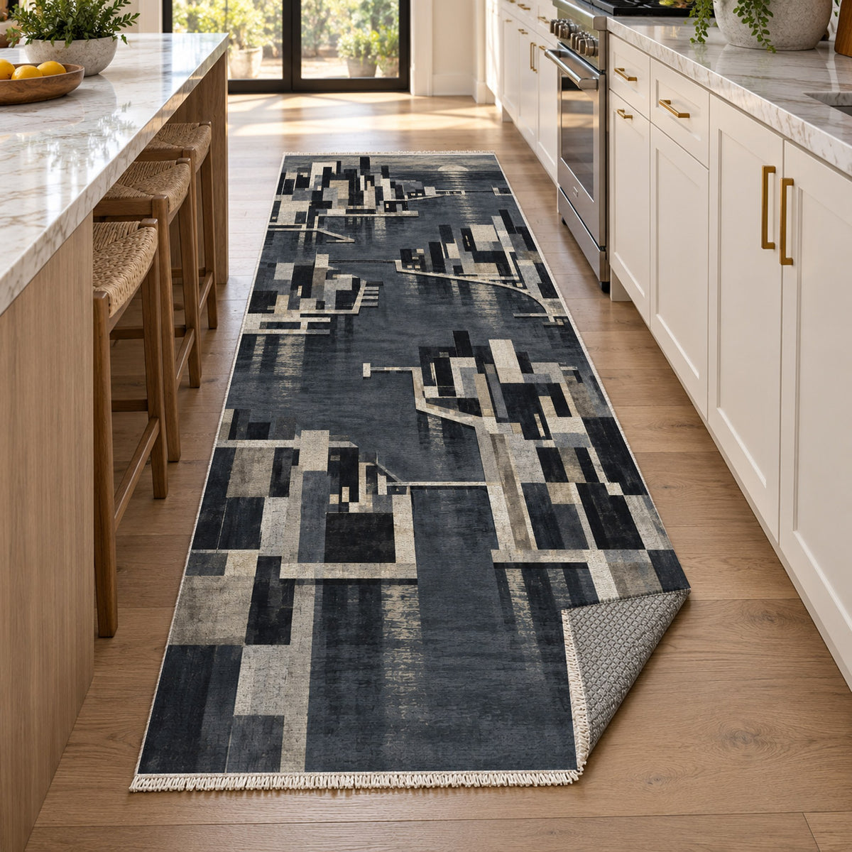 Harbour Blocks Charcoal Modern Washable Rug — new york kitchen runner