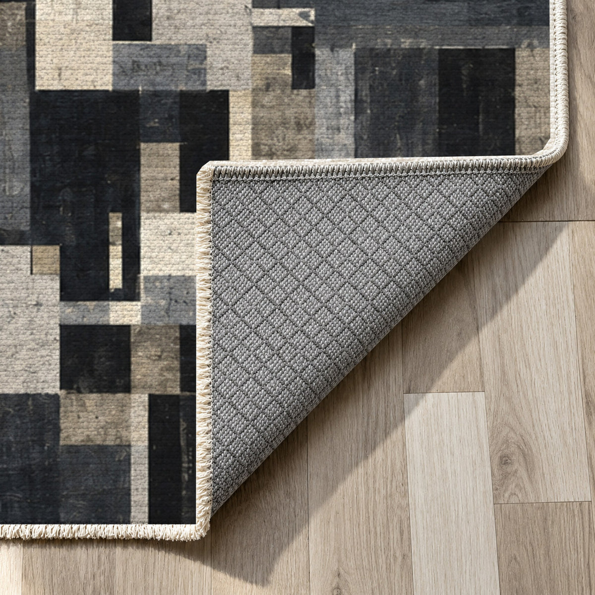 Harbour Blocks Charcoal Modern Washable Rug — backing close up