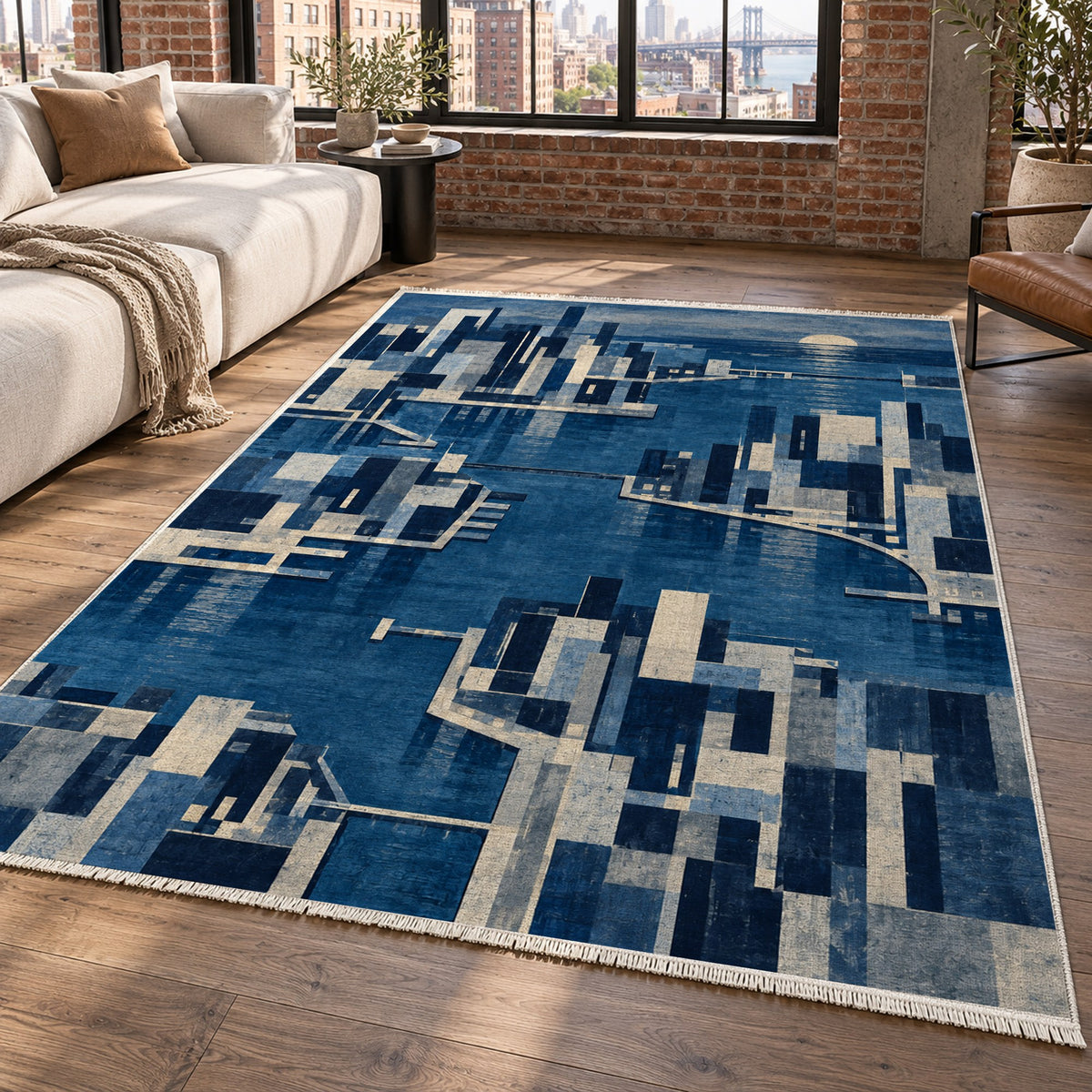 Harbour Blocks Indigo Modern Washable Rug — new york living