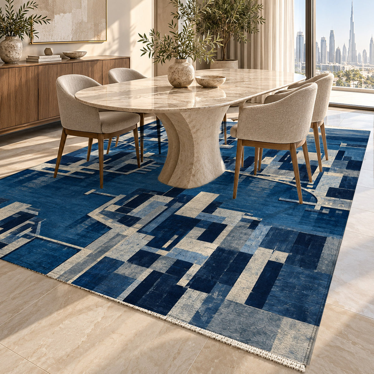 Harbour Blocks Indigo Modern Washable Rug — dubai dining
