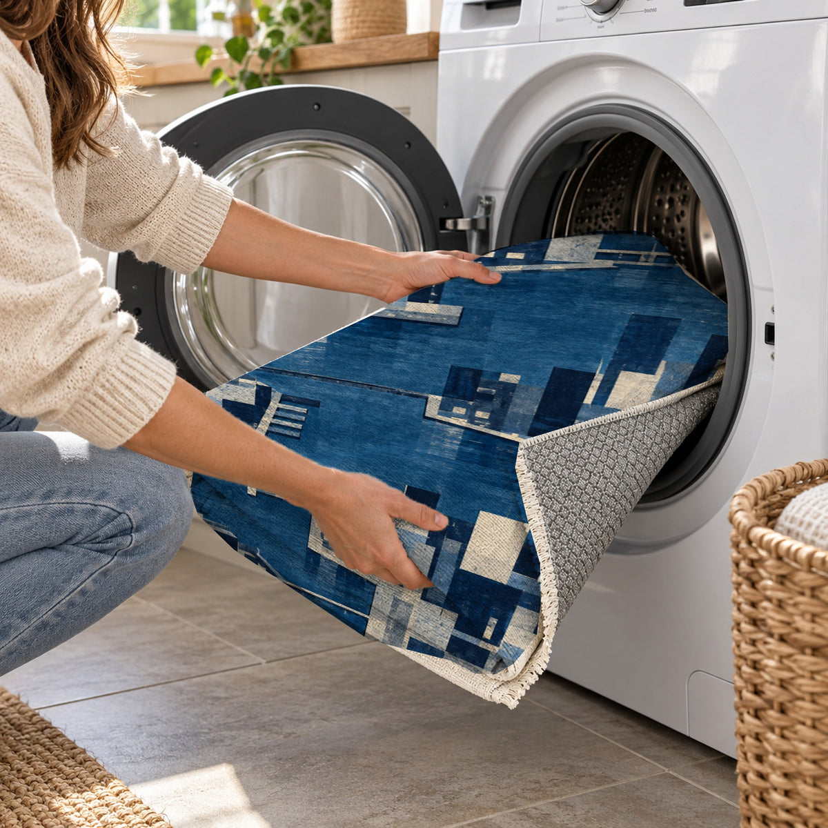 Harbour Blocks Indigo Modern Washable Rug — washing machine