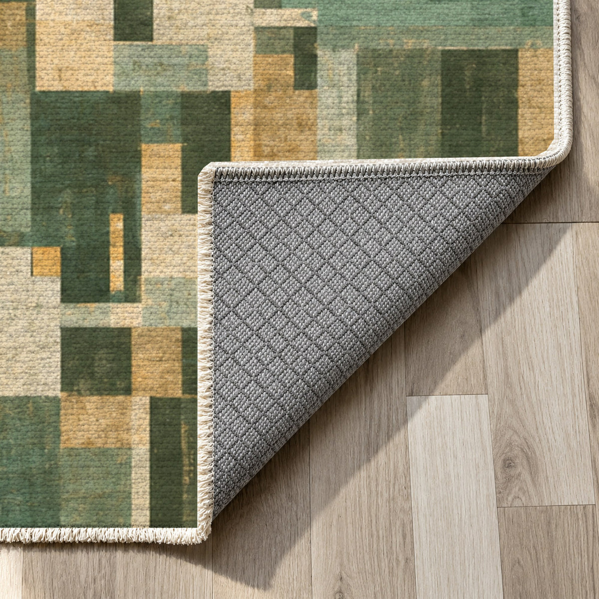 Harbour Blocks Sage Modern Washable Rug — backing close up