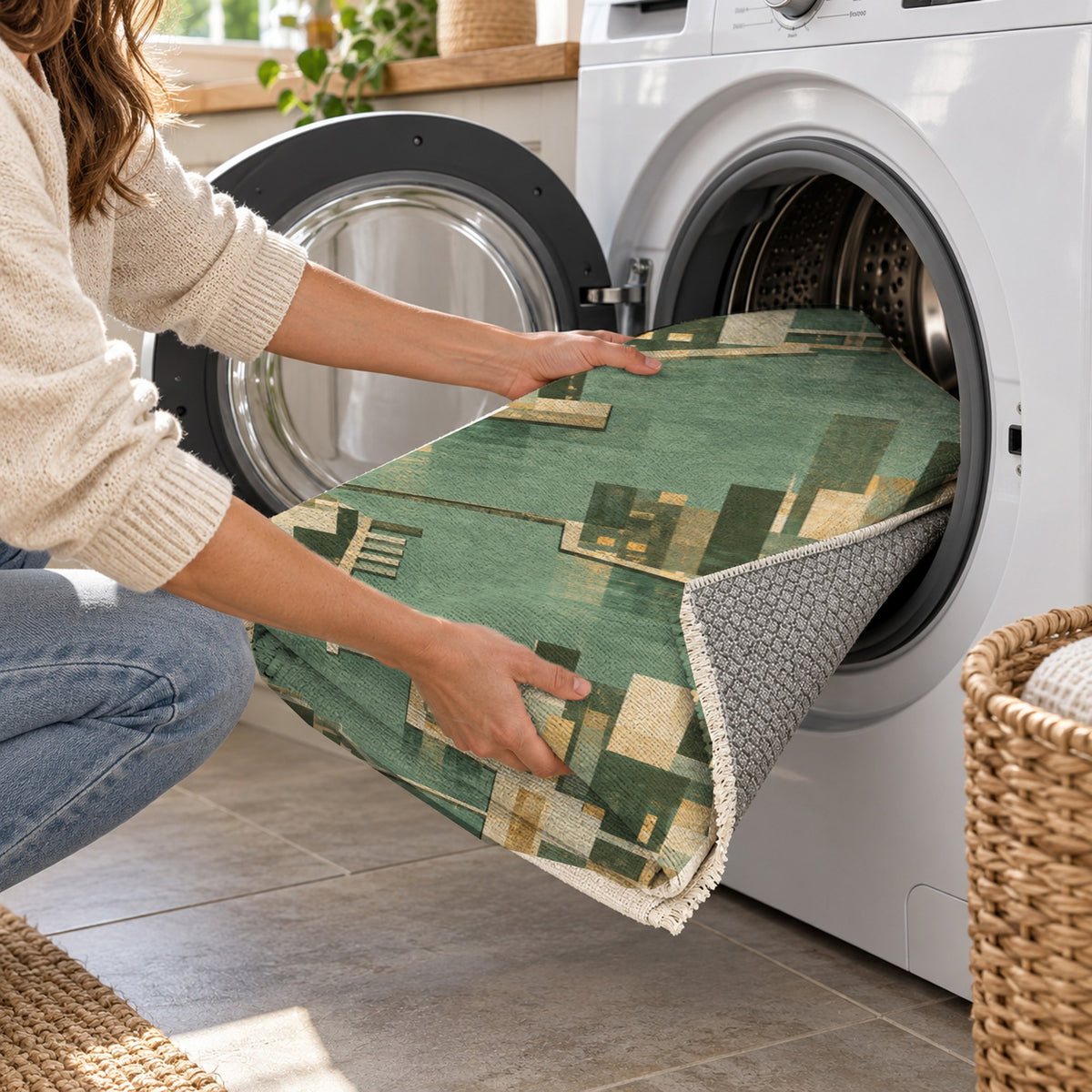 Harbour Blocks Sage Modern Washable Rug — washing machine