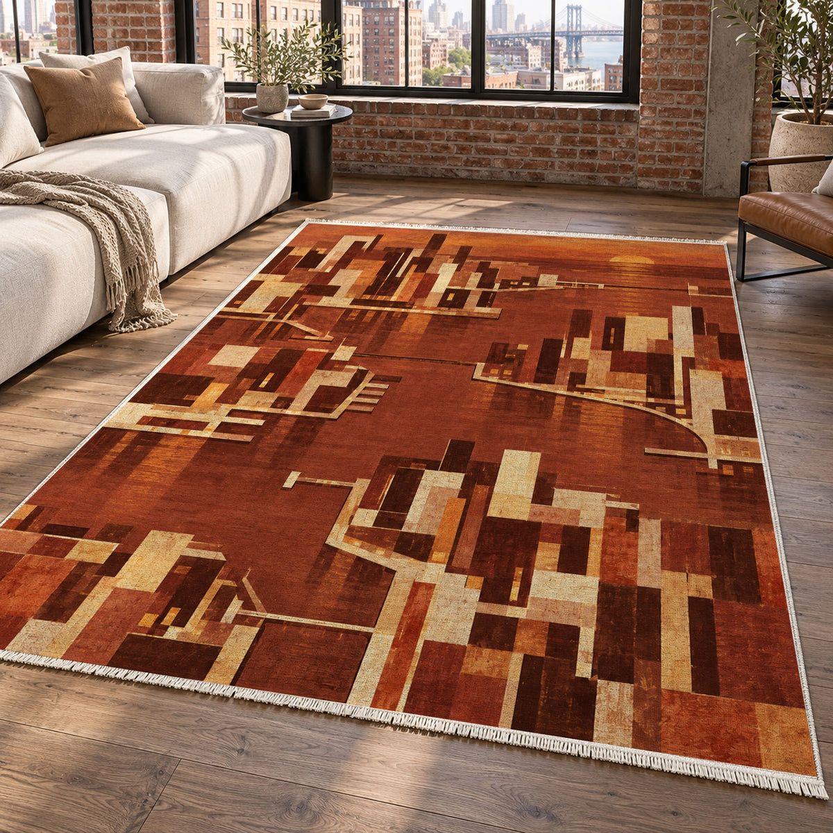 Harbour Blocks Terracotta Modern Washable Rug — new york living
