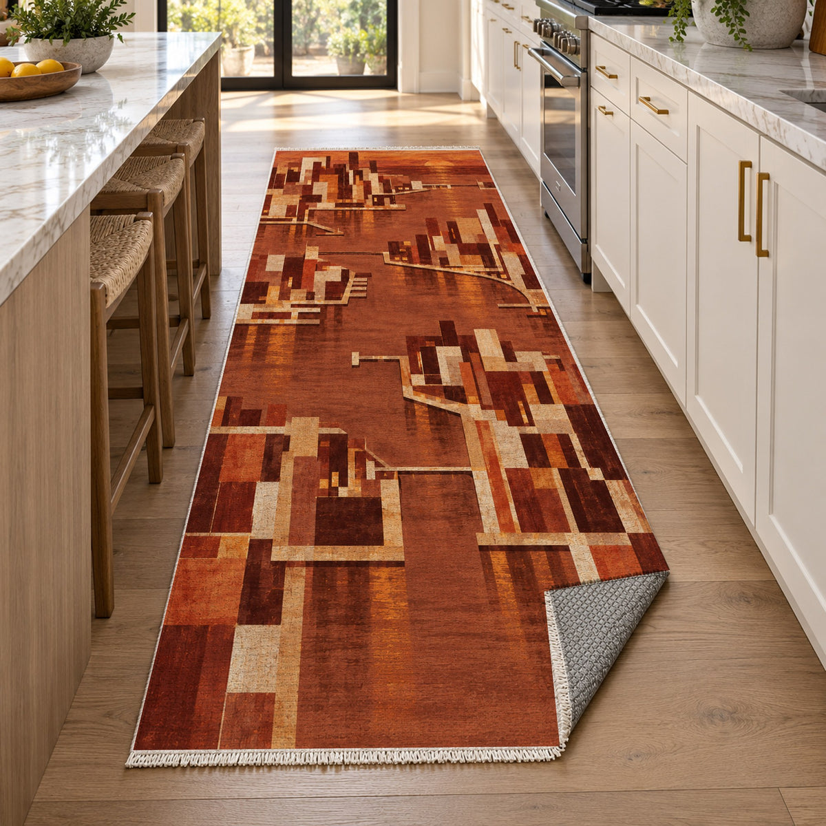 Harbour Blocks Terracotta Modern Washable Rug — new york kitchen runner