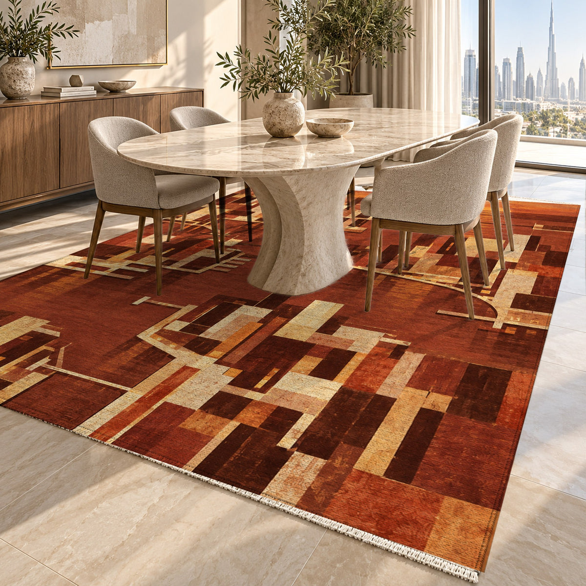 Harbour Blocks Terracotta Modern Washable Rug — dubai dining