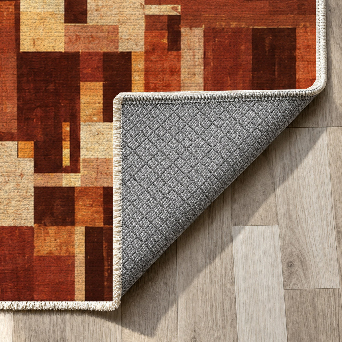 Harbour Blocks Terracotta Modern Washable Rug — backing close up