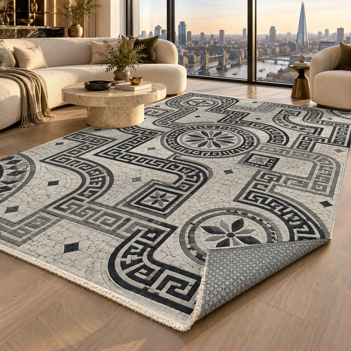 Hellenic Meander Charcoal Geometric Washable Rug — london luxury living