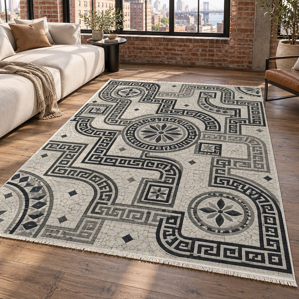 Hellenic Meander Charcoal Geometric Washable Rug — new york living