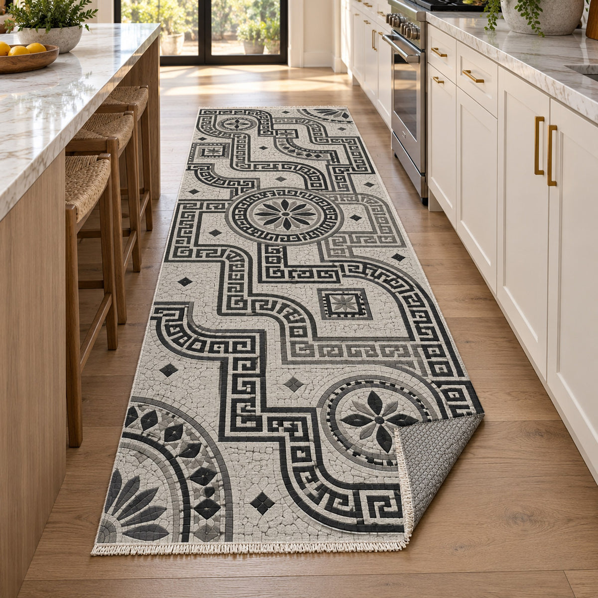 Hellenic Meander Charcoal Geometric Washable Rug — new york kitchen runner