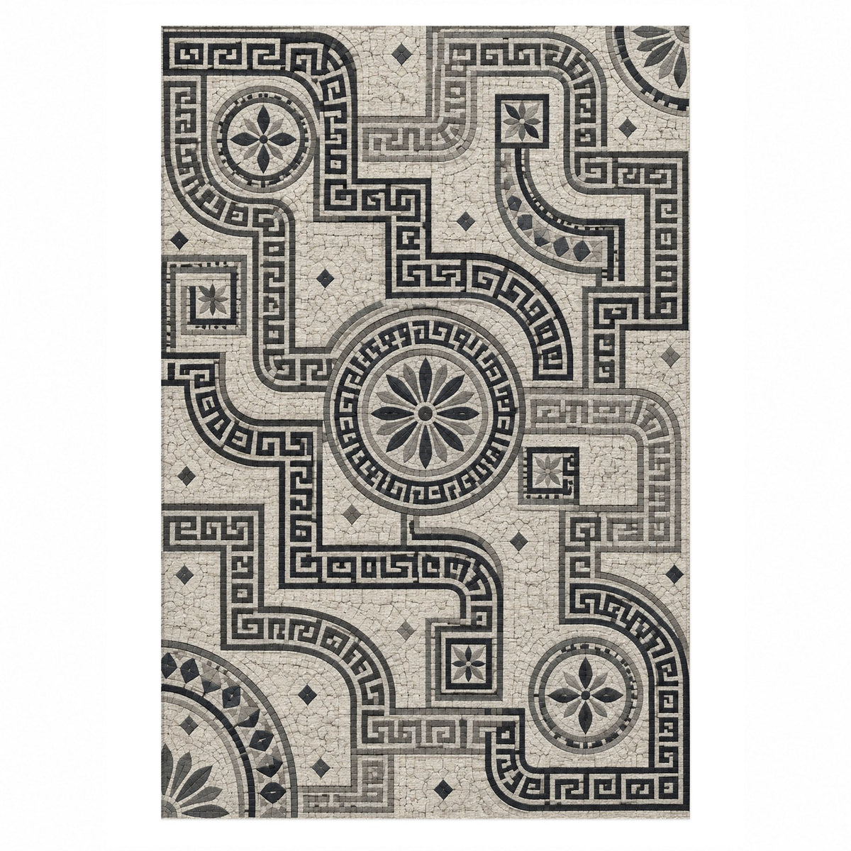 Hellenic Meander Charcoal Geometric Washable Rug — top view