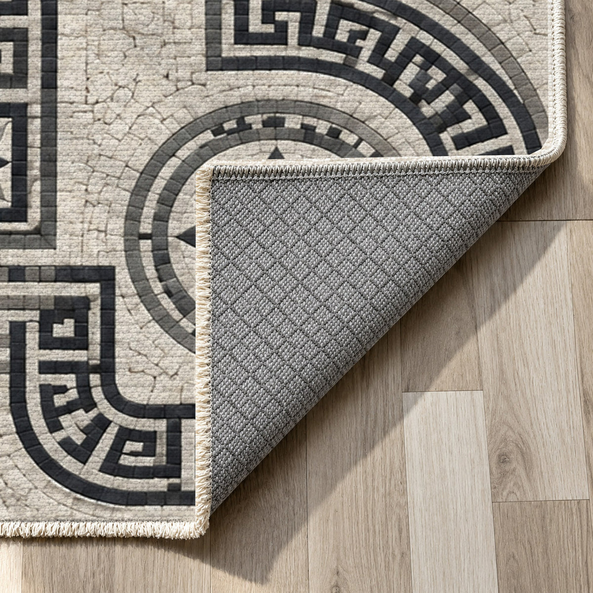 Hellenic Meander Charcoal Geometric Washable Rug — backing close up