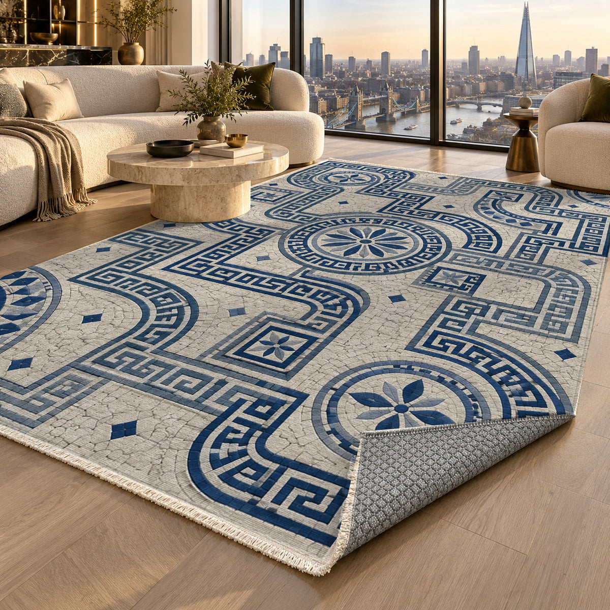 Hellenic Meander Indigo Geometric Washable Rug — london luxury living
