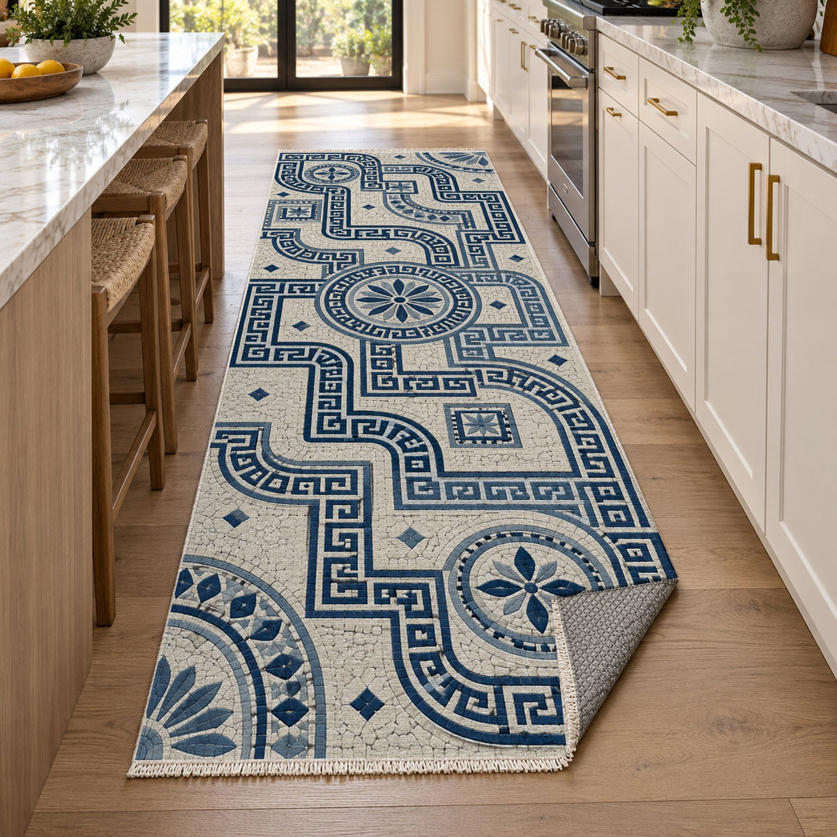 Hellenic Meander Indigo Geometric Washable Rug — new york kitchen runner