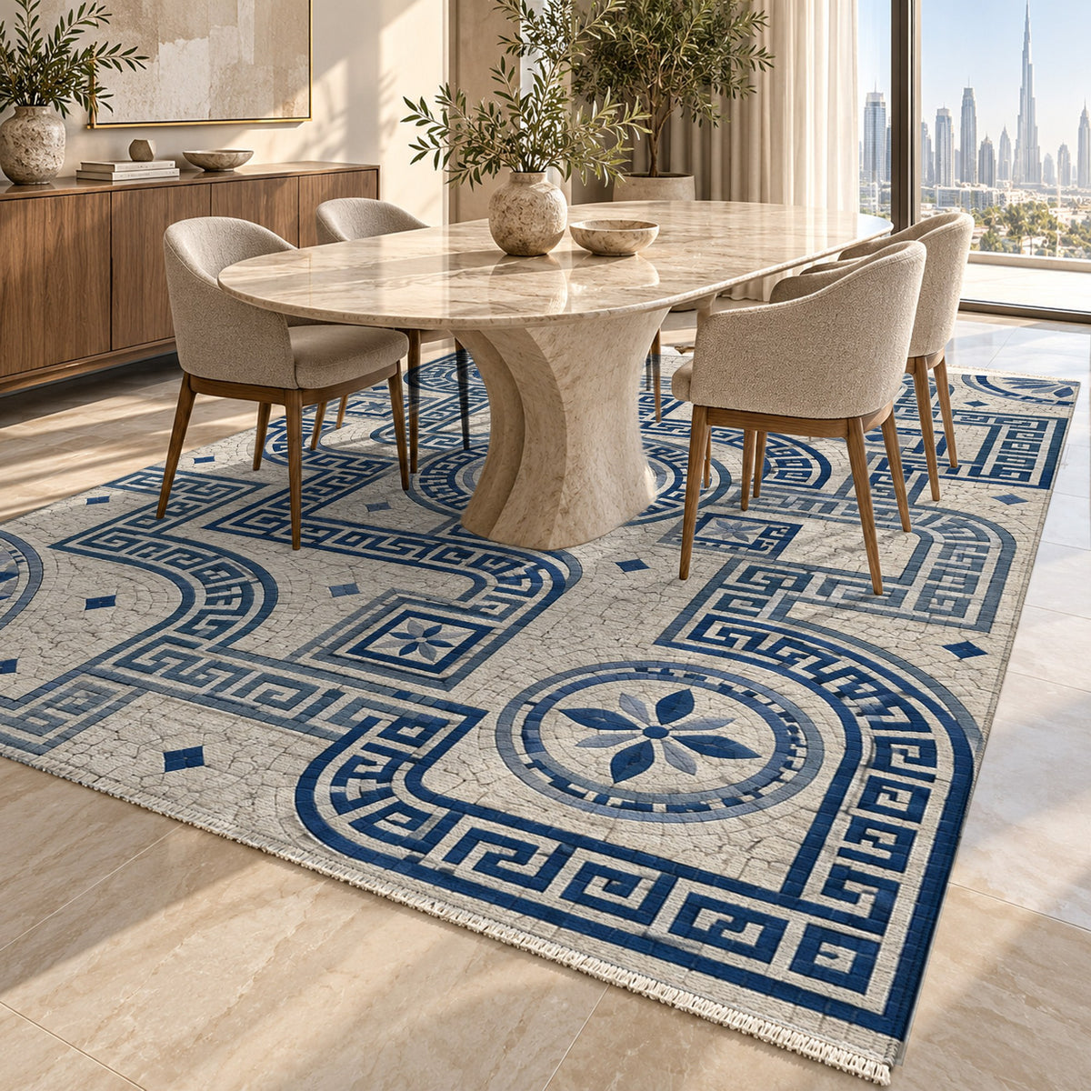 Hellenic Meander Indigo Geometric Washable Rug — dubai dining