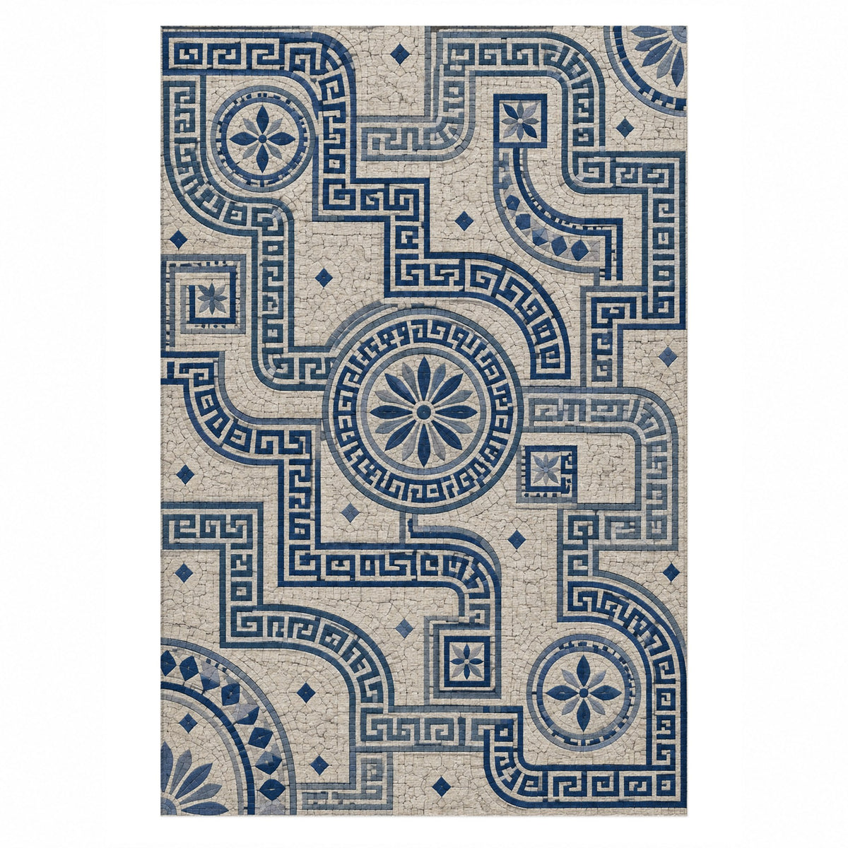 Hellenic Meander Indigo Geometric Washable Rug — top view