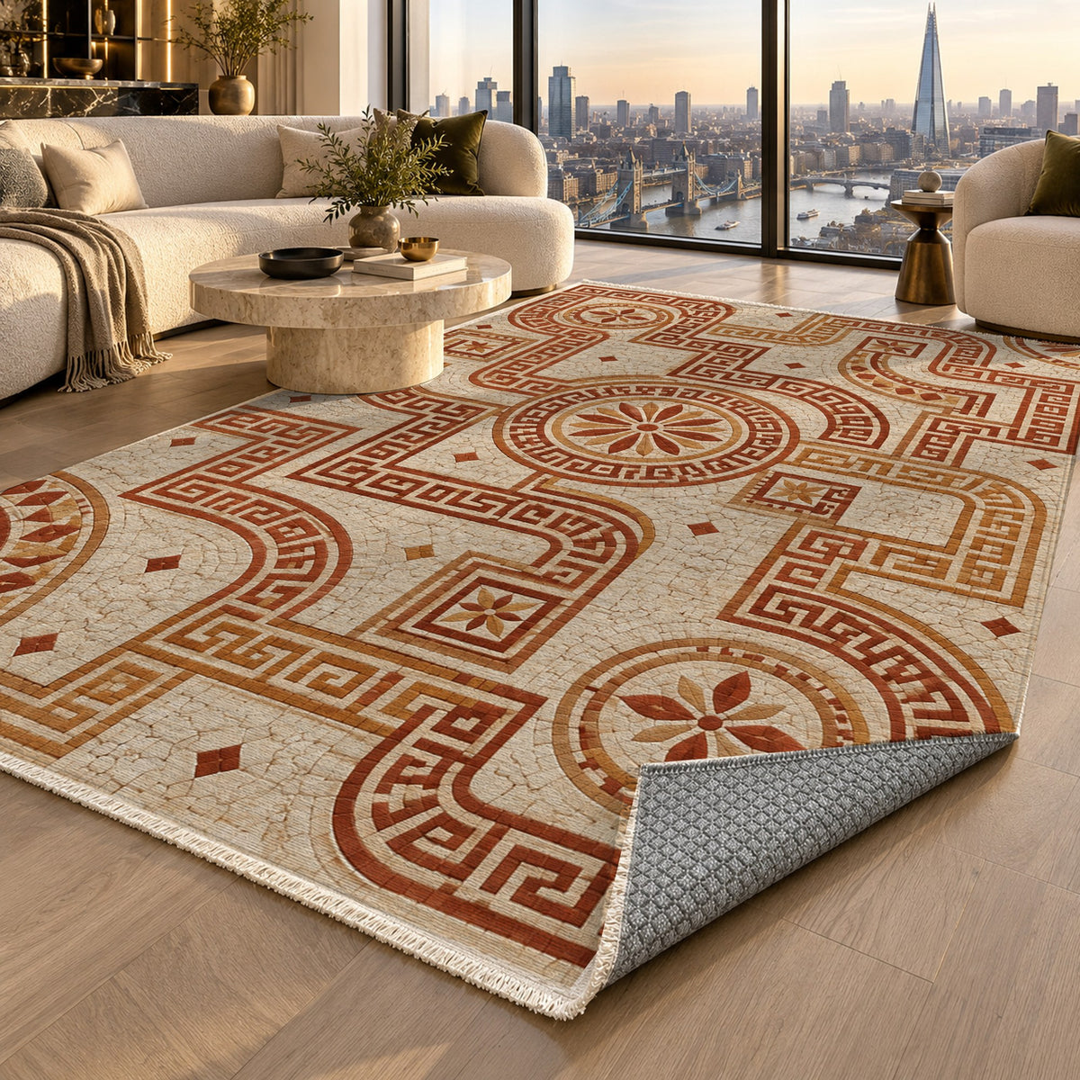 Hellenic Meander Terracotta Geometric Washable Rug — london luxury living