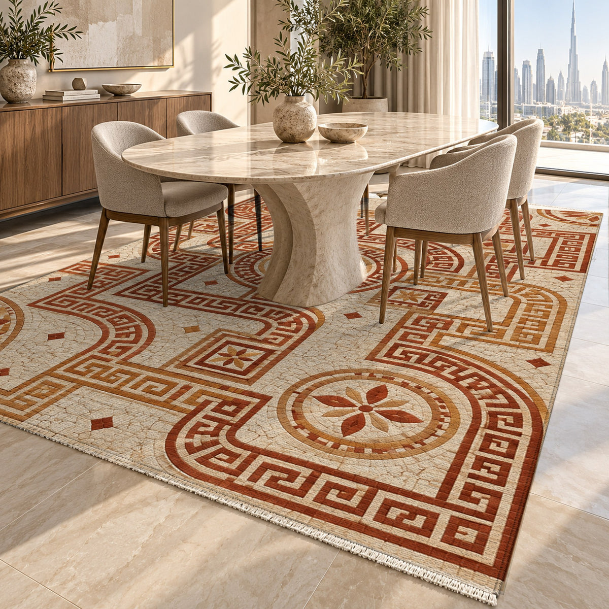 Hellenic Meander Terracotta Geometric Washable Rug — dubai dining