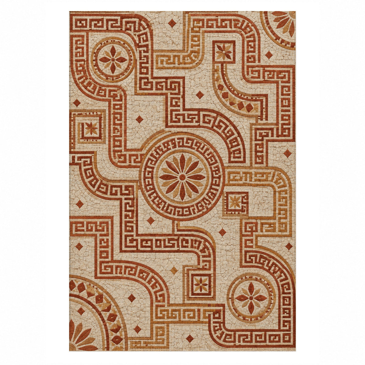 Hellenic Meander Terracotta Geometric Washable Rug — top view