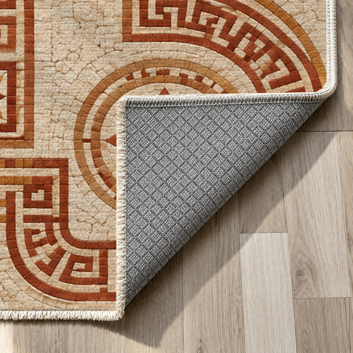 Hellenic Meander Terracotta Geometric Washable Rug — backing close up
