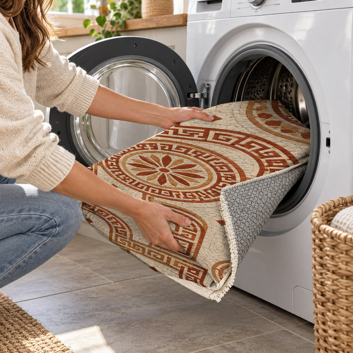 Hellenic Meander Terracotta Geometric Washable Rug — washing machine