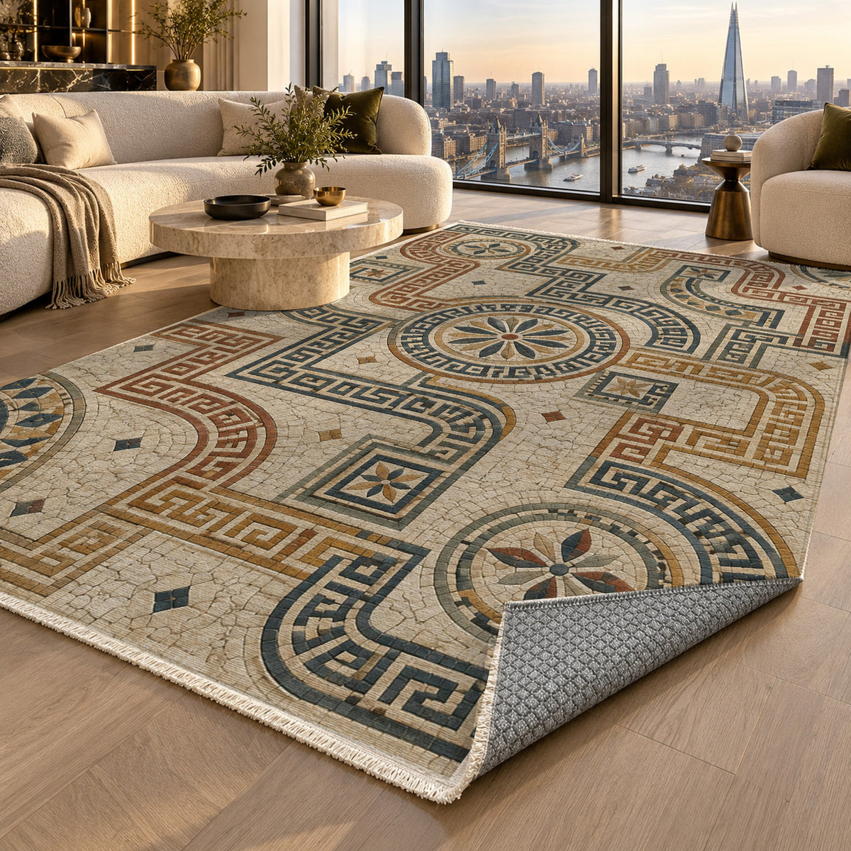 Hellenic Meander Geometric Washable Rug — london luxury living