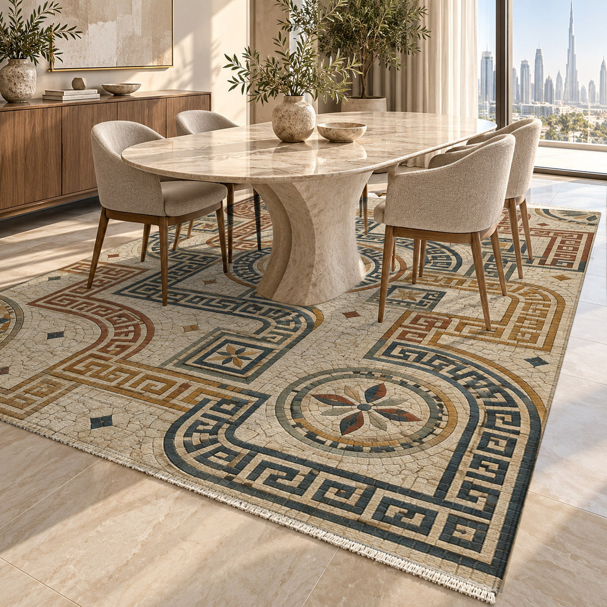 Hellenic Meander Geometric Washable Rug — dubai dining