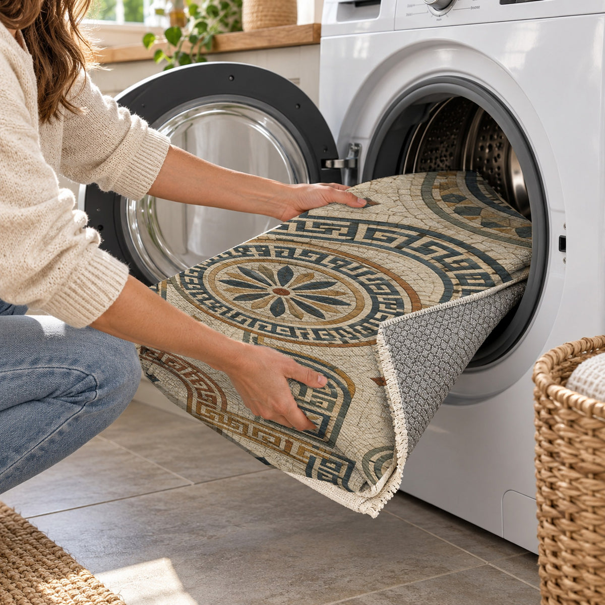 Hellenic Meander Geometric Washable Rug — washing machine