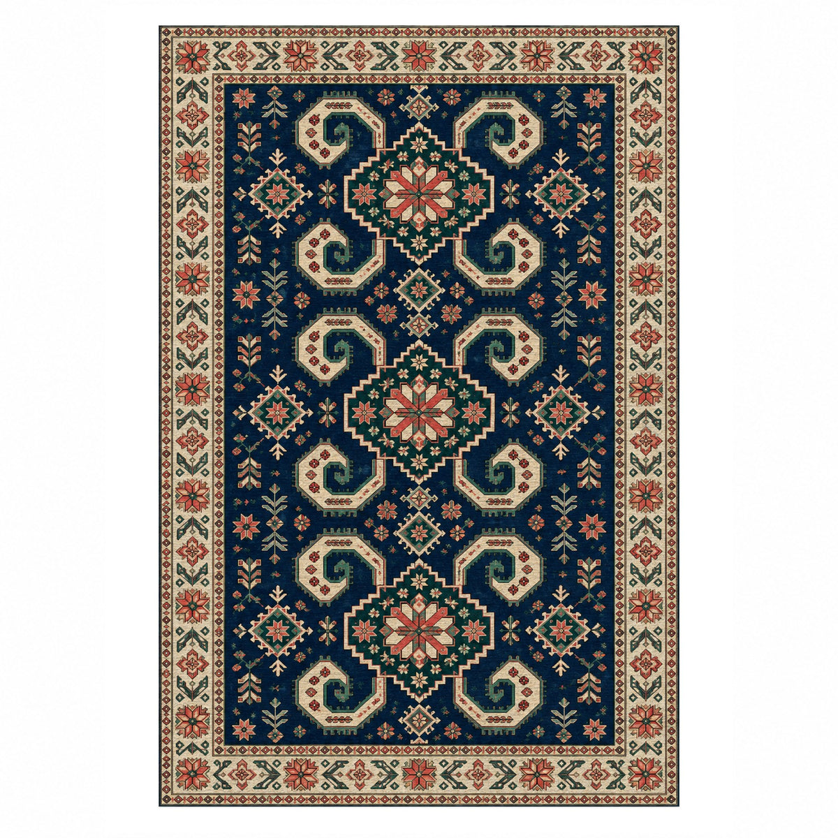 Horn Rhythm Indigo Rose Ethnic Washable Rug — top view