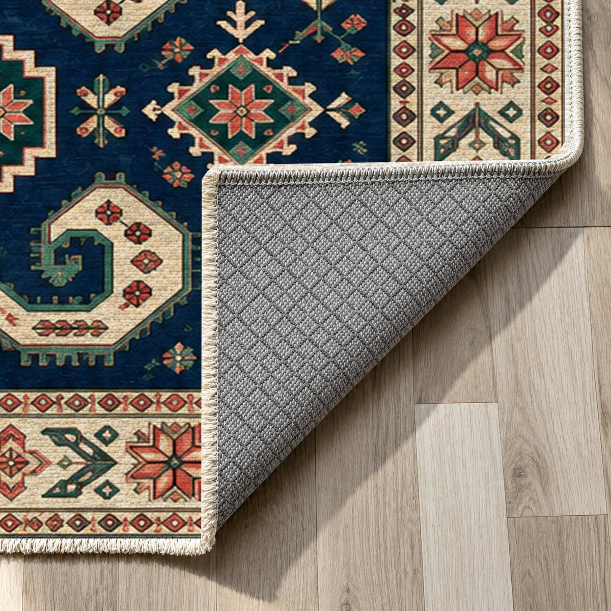 Horn Rhythm Indigo Rose Ethnic Washable Rug — backing close up