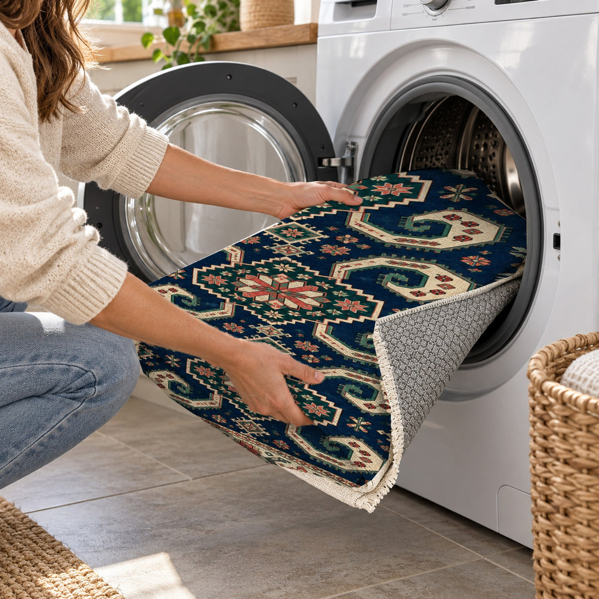 Horn Rhythm Indigo Rose Ethnic Washable Rug — washing machine
