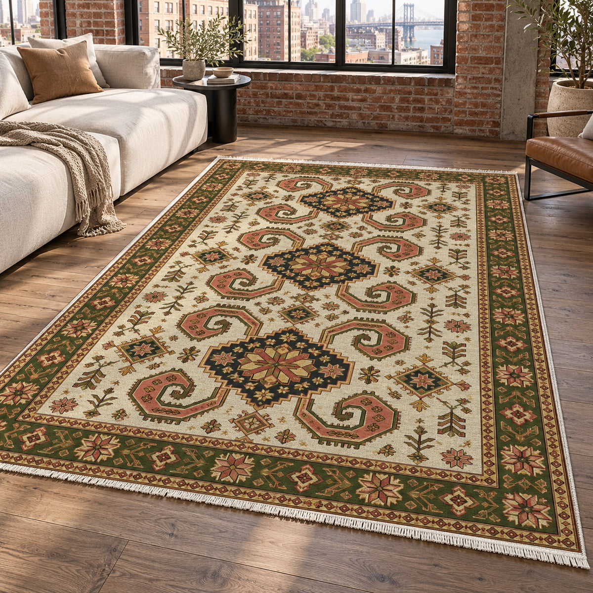 Horn Rhythm Ivory Olive Ethnic Washable Rug — new york living