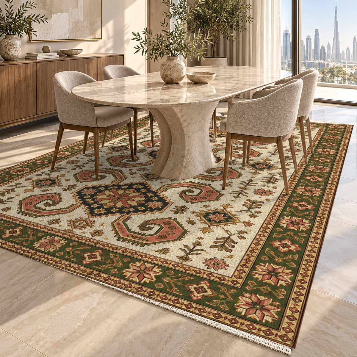 Horn Rhythm Ivory Olive Ethnic Washable Rug — dubai dining