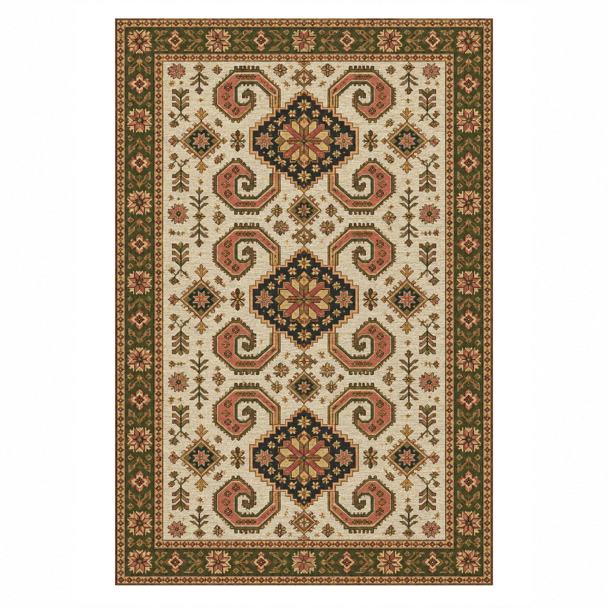 Horn Rhythm Ivory Olive Ethnic Washable Rug — top view