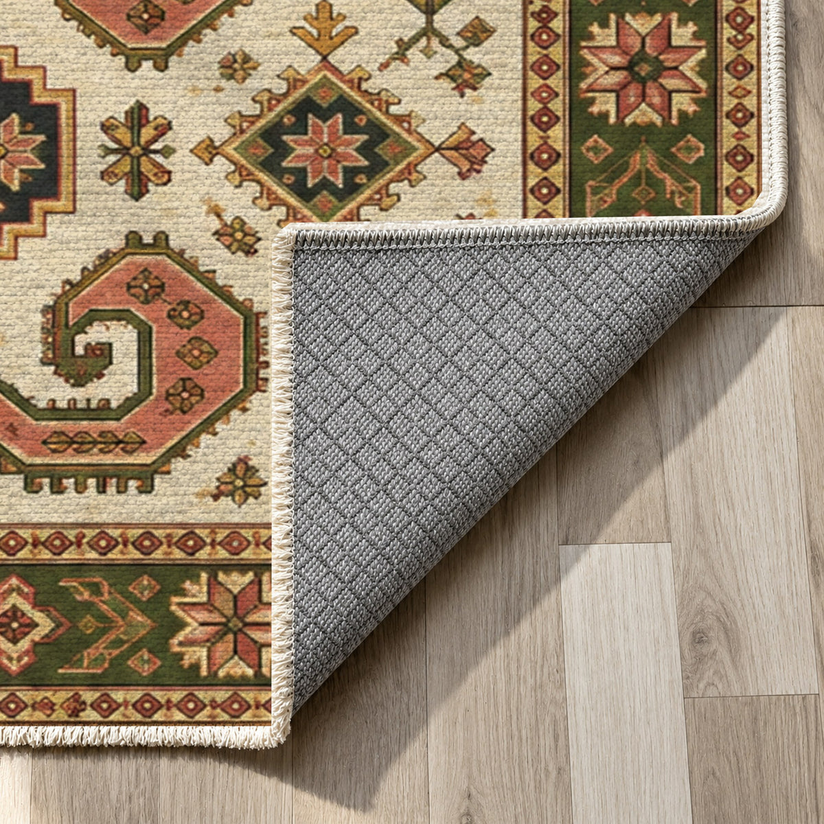 Horn Rhythm Ivory Olive Ethnic Washable Rug — backing close up