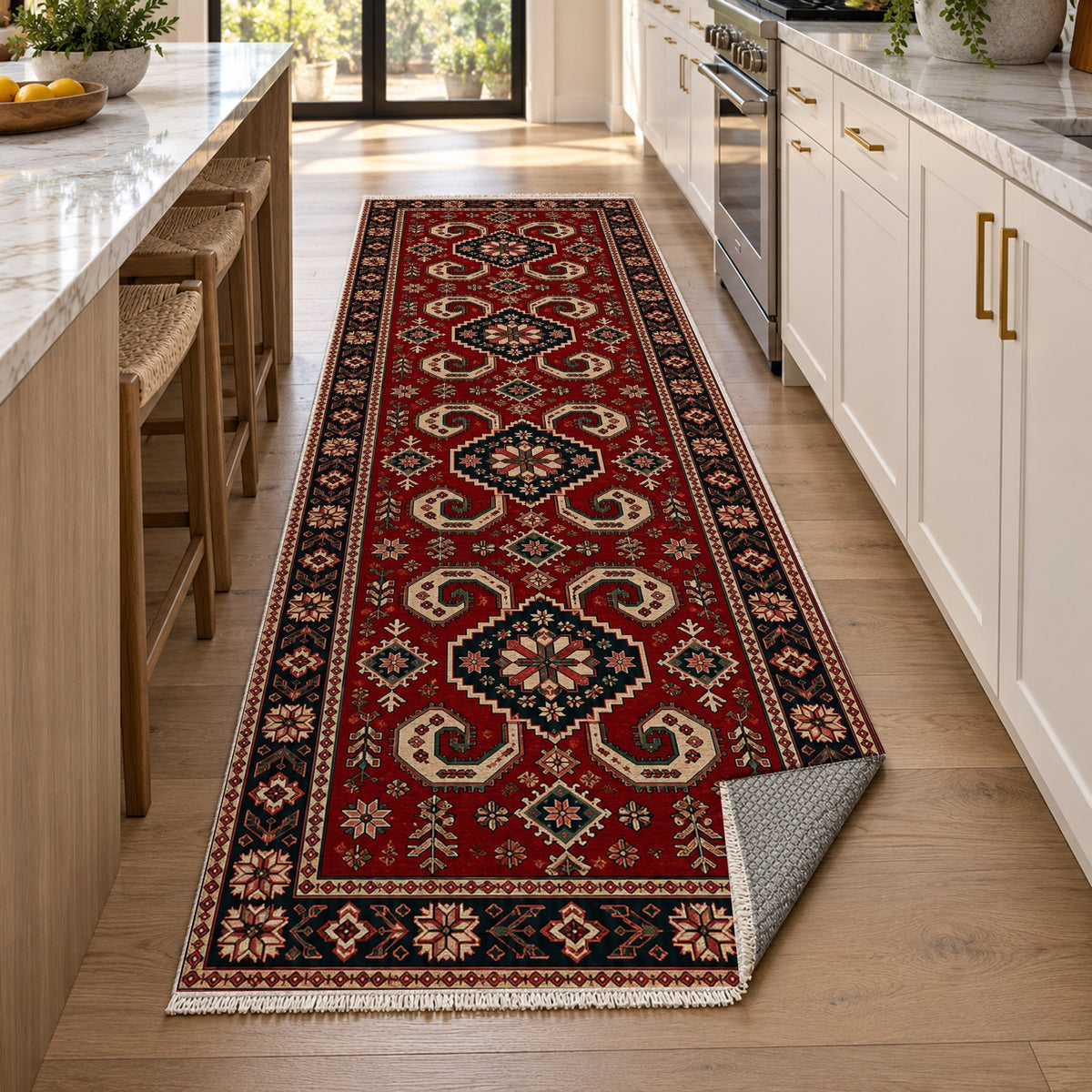Horn Rhythm Ruby Midnight Ethnic Washable Rug — new york kitchen runner