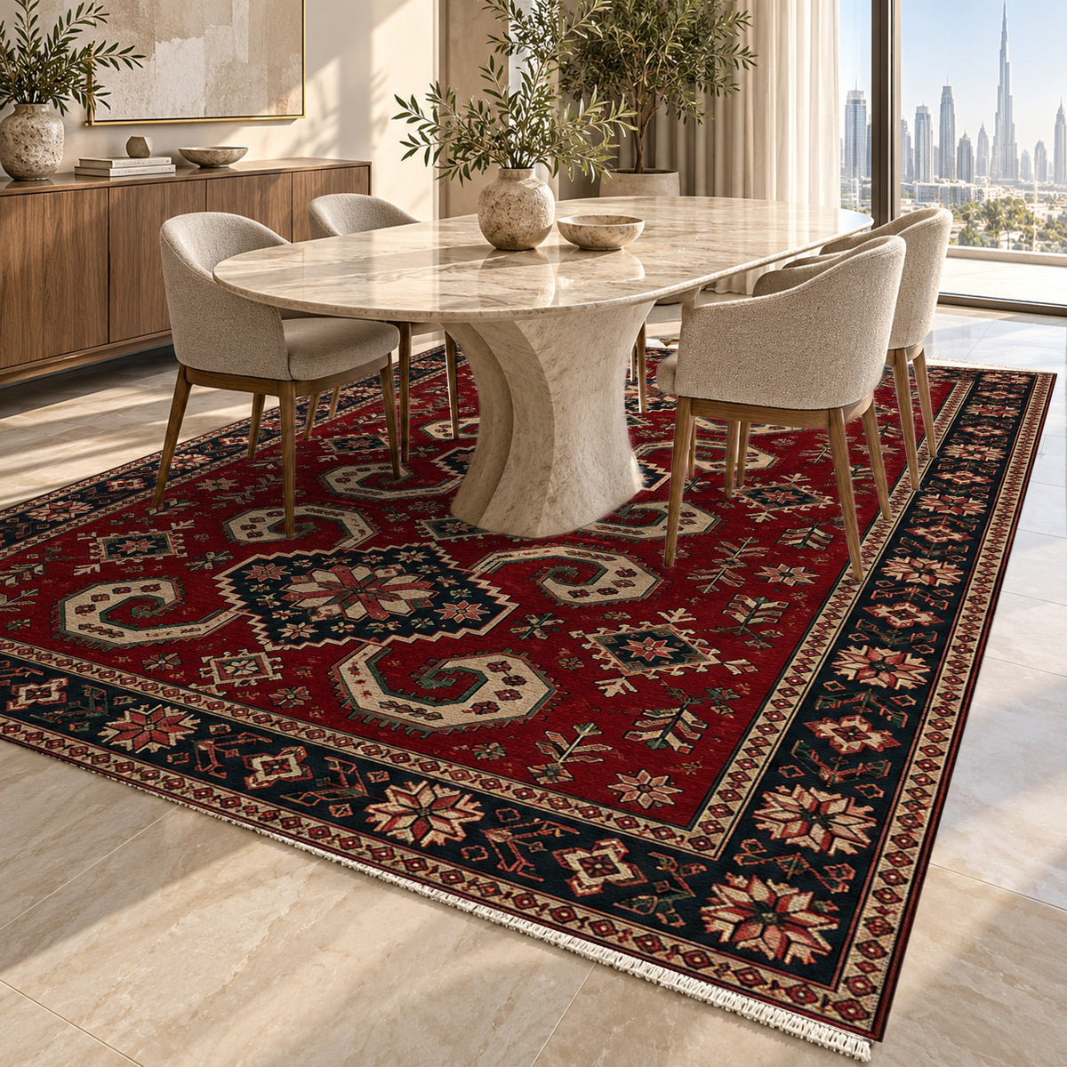 Horn Rhythm Ruby Midnight Ethnic Washable Rug — dubai dining