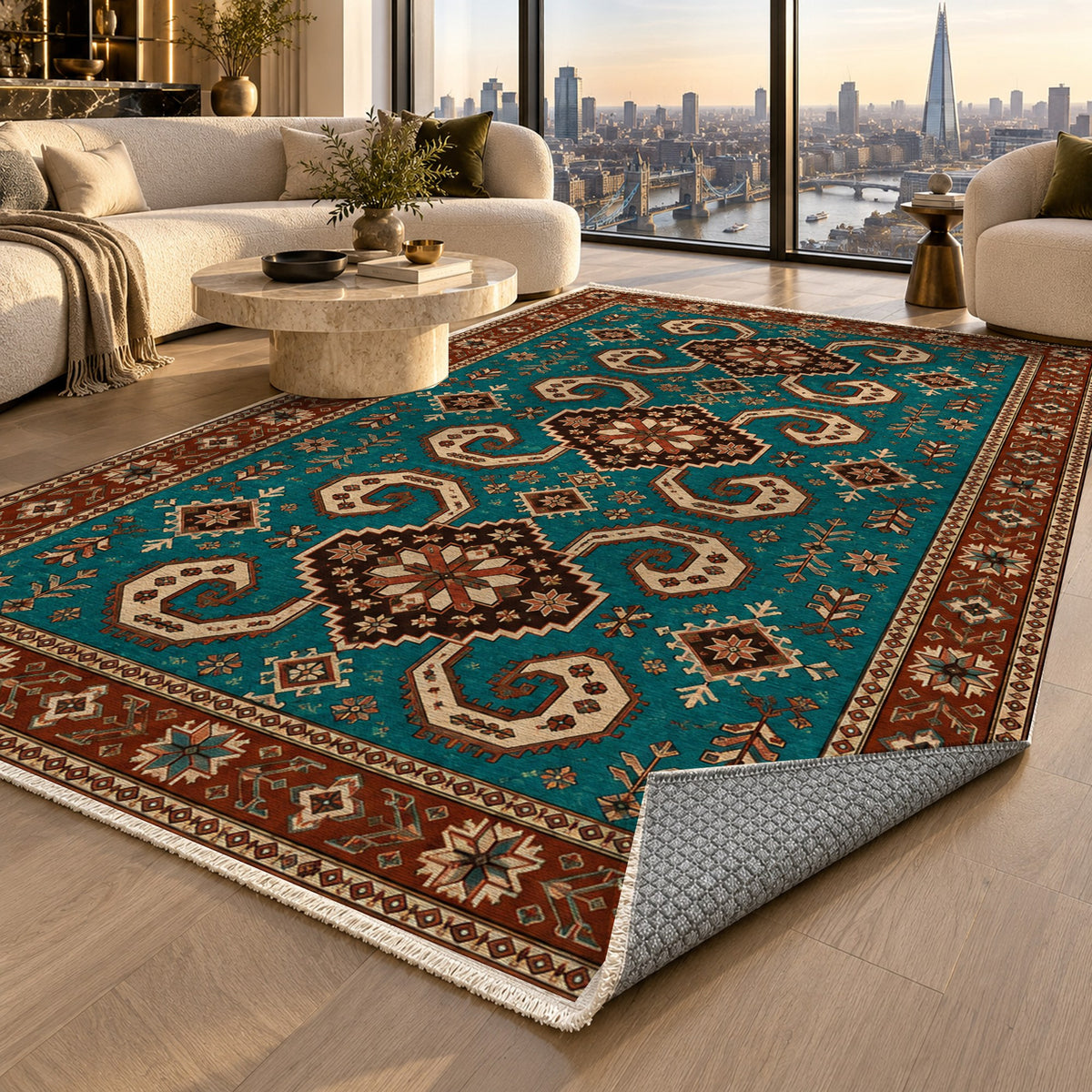 Horn Rhythm Turquoise Copper Ethnic Washable Rug — london luxury living
