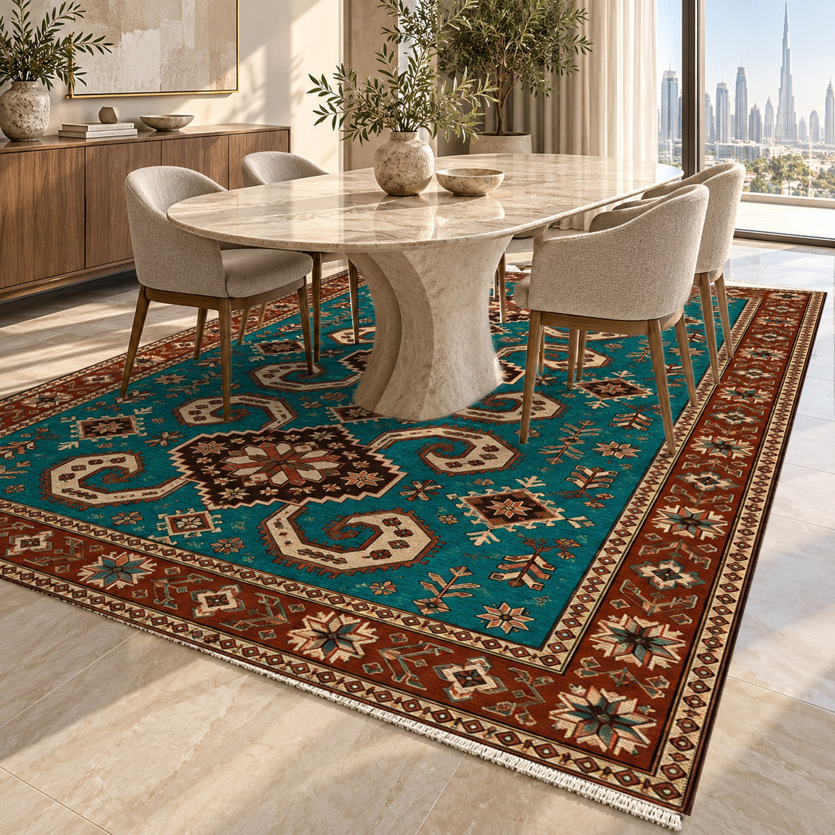 Horn Rhythm Turquoise Copper Ethnic Washable Rug — dubai dining