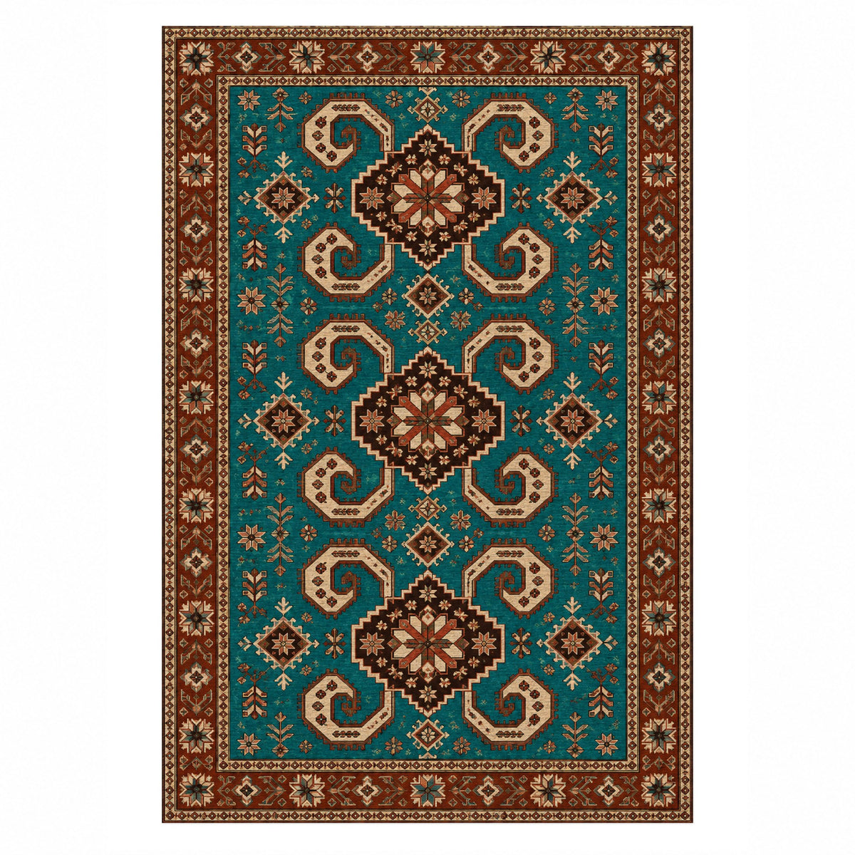 Horn Rhythm Turquoise Copper Ethnic Washable Rug — top view