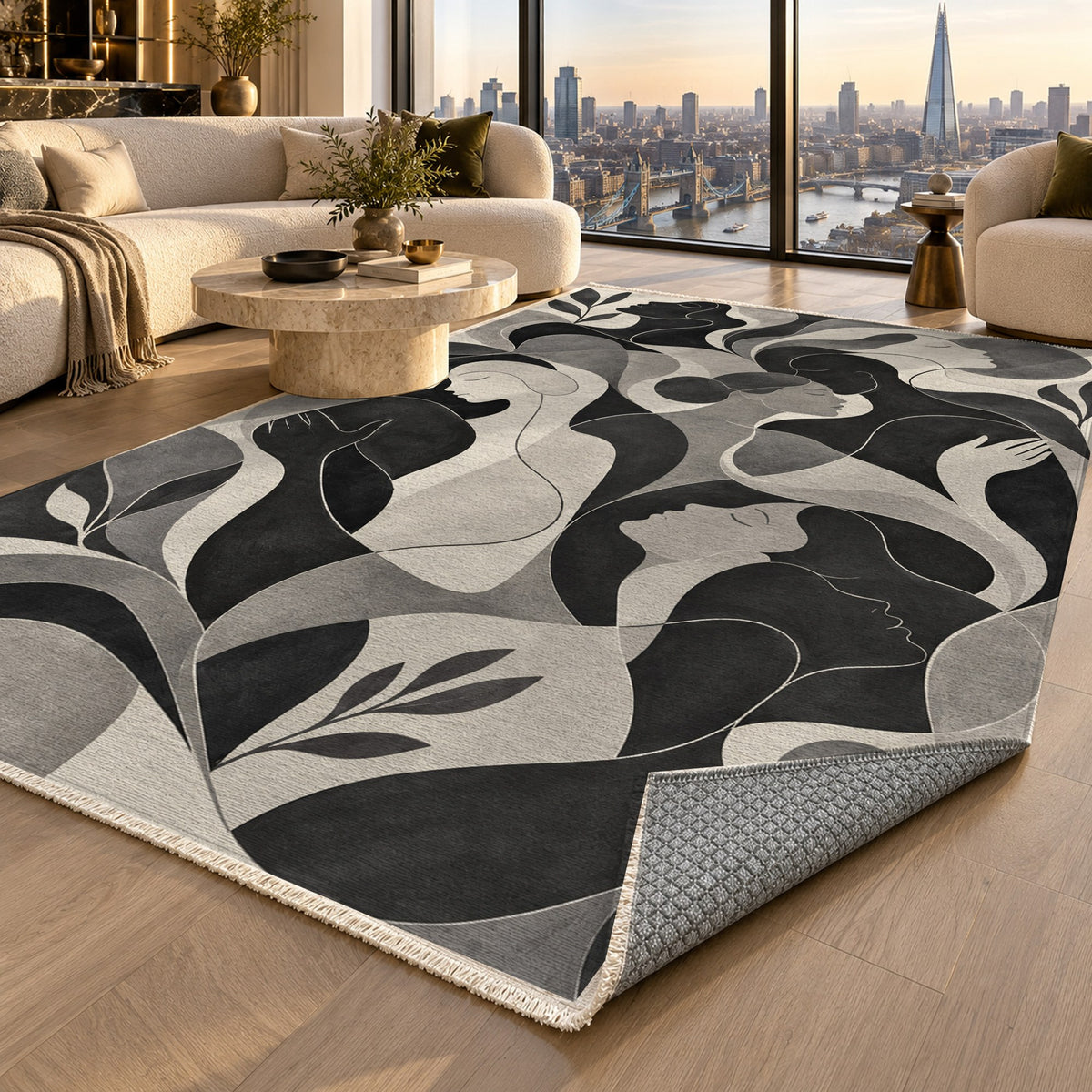 Human Connections Charcoal Abstract Washable Rug — london luxury living