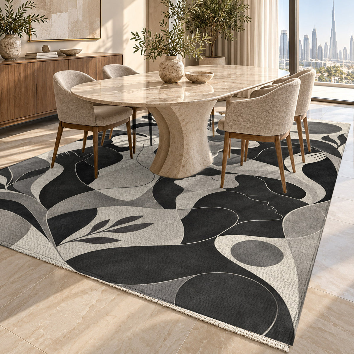 Human Connections Charcoal Abstract Washable Rug — dubai dining