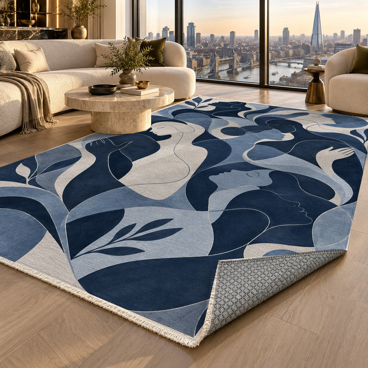 Human Connections Indigo Abstract Washable Rug — london luxury living