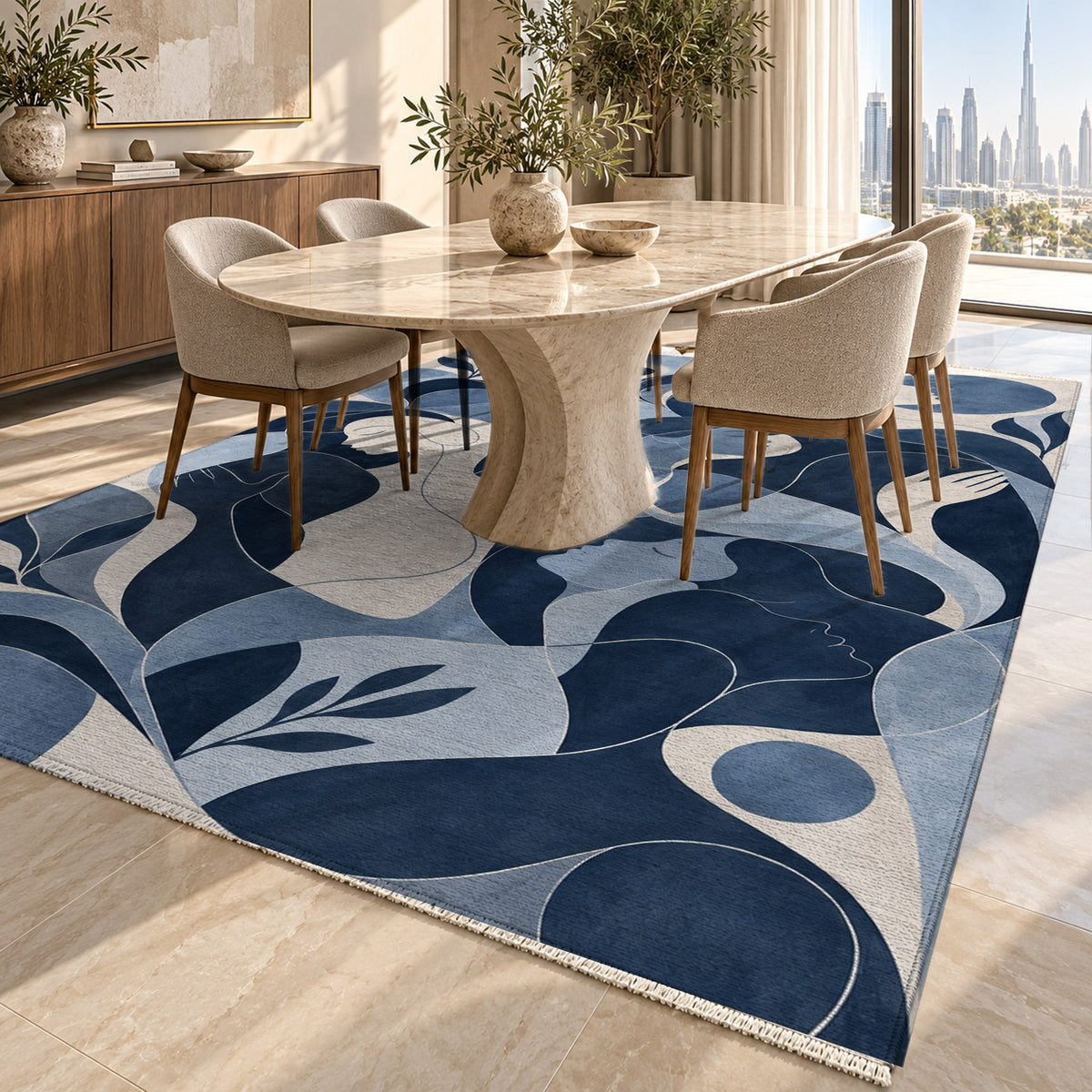 Human Connections Indigo Abstract Washable Rug — dubai dining