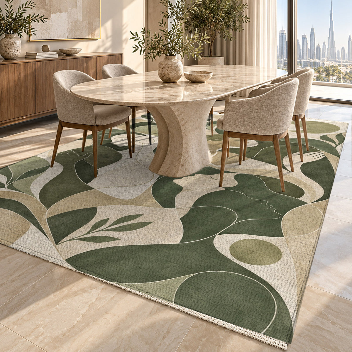 Human Connections Sage Abstract Washable Rug — dubai dining
